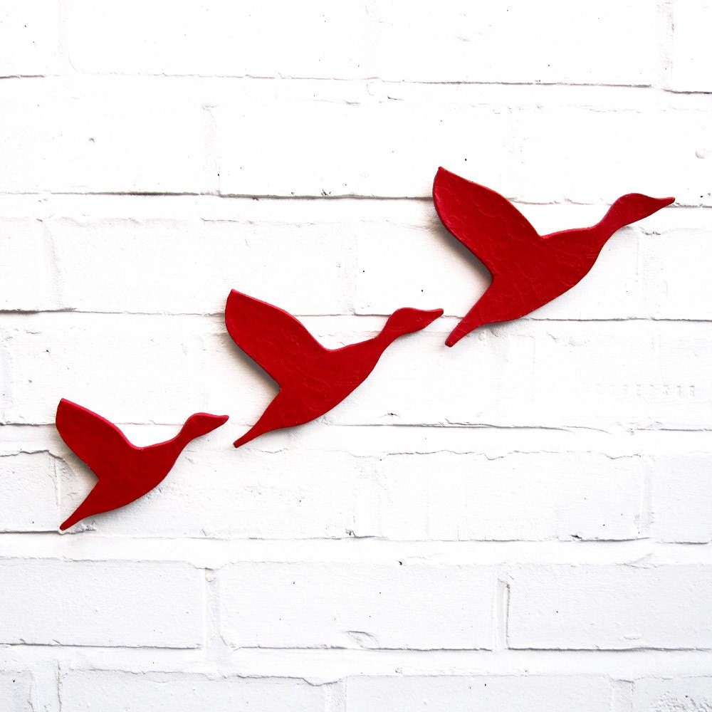 Ceramic wall art Flying ducks Set of three bright scarlet red flying ducks Modern retro artwork for bathrooms, kitchens and living spaces - PrinceDesignUK