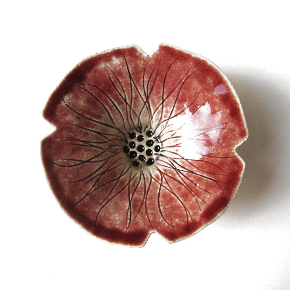 Ceramic bowl Poppy flower bowl Red and cream stoneware pottery with black detail Candle holder Home decor Gift for her Sculpture Ring holder