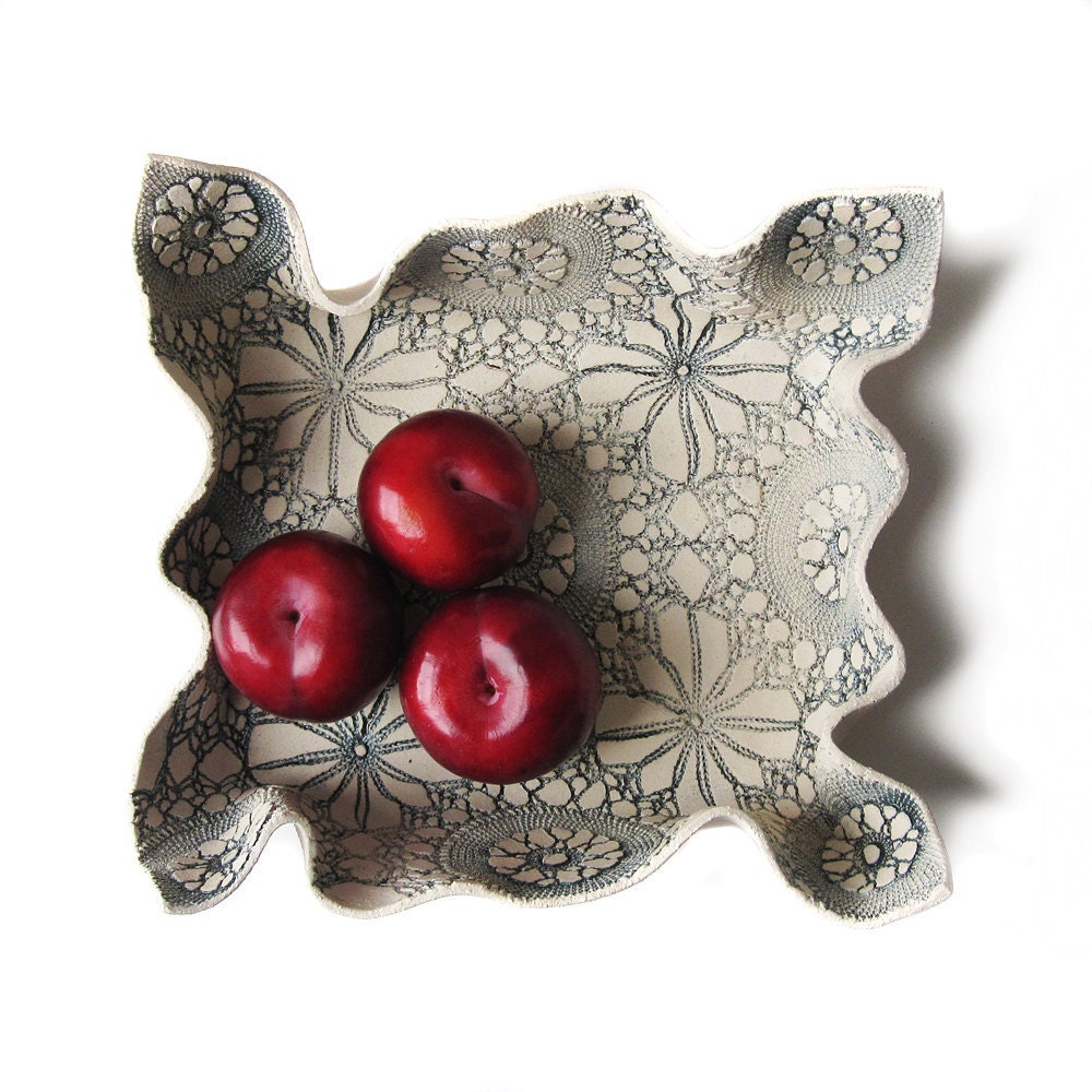 Modern Handmade Artisan Pottery Fruit Bowl Centrepiece Gathered Cream Stoneware Ceramic Steel Blue Vintage Crochet Design Summer Decor
