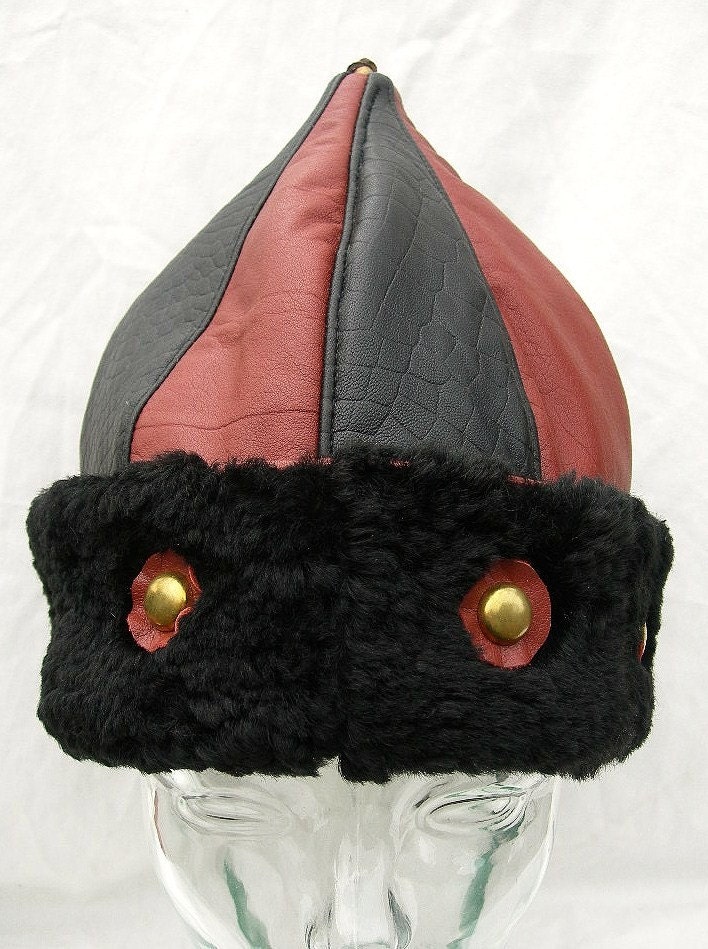 Medium Brown/ Black Leather MongolMation Pointy Hat with Sheepskin Brim