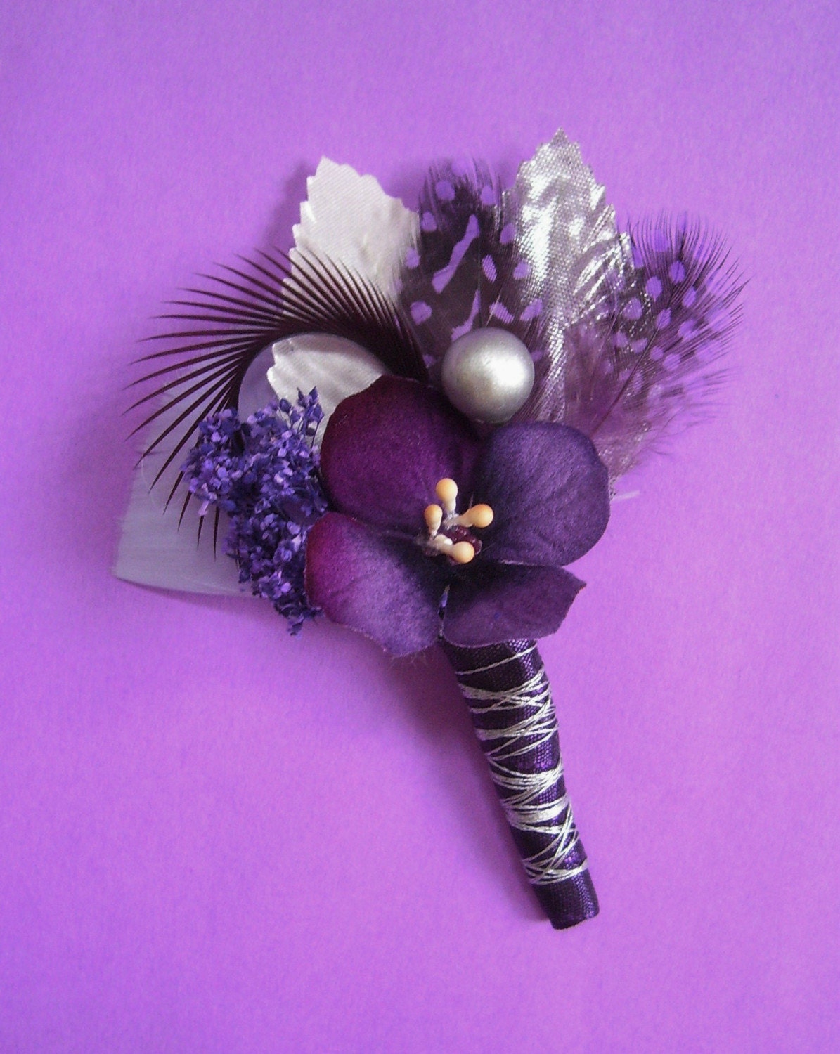 Purple and Silver Wedding Boutonniere\/Corsage
