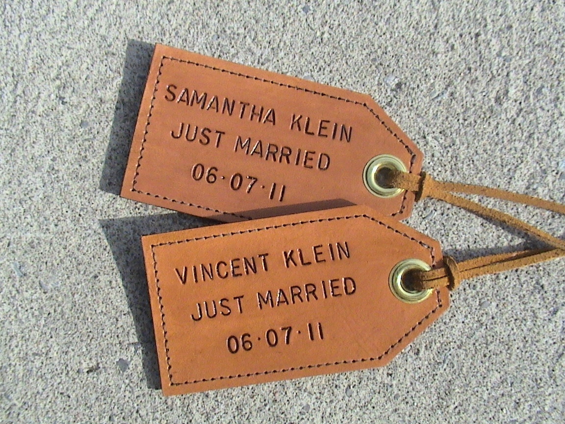 His and Hers - JUST MARRIED - personalized leather luggage tags - set of two