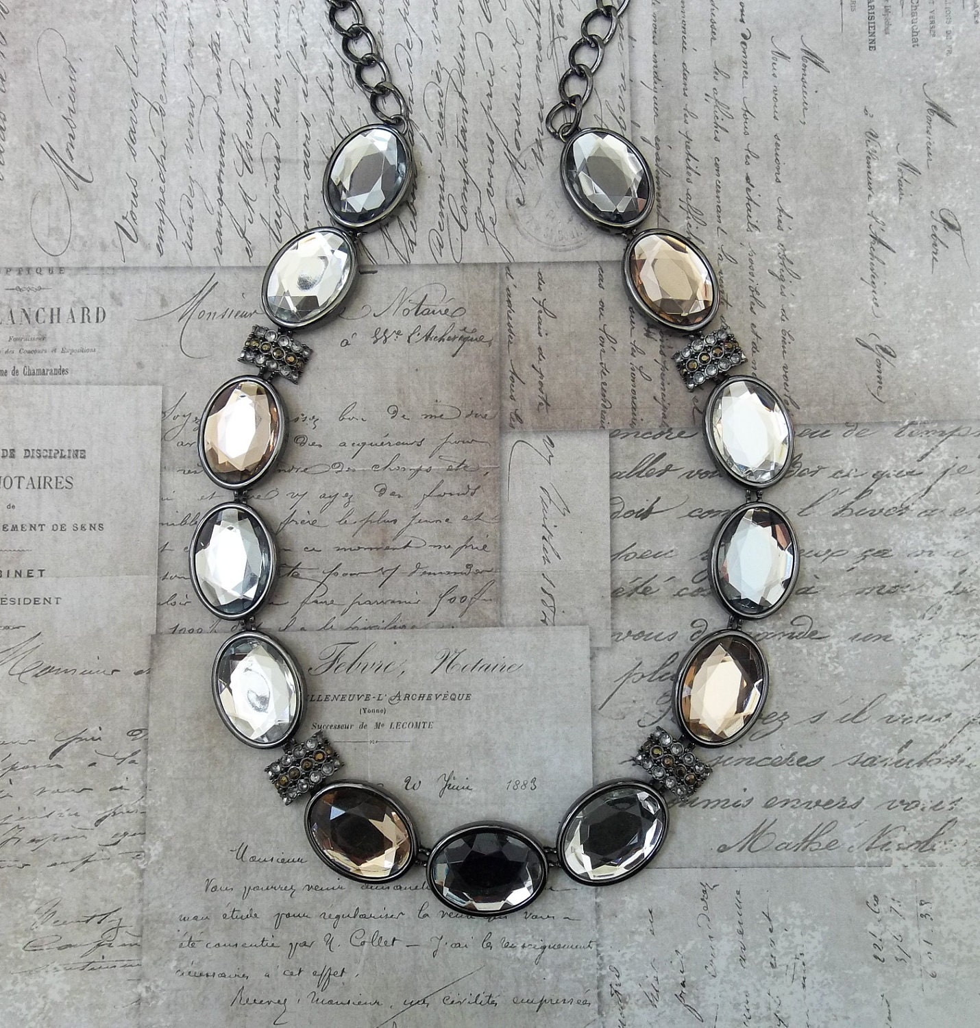 ON SALE Les Bijoux Champagne, Silver, Mocha, And Gunmetal Crystal Rhinestone Wedding Statement Necklace With Gunmetal Hardware & Chain