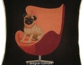 Pug on a Red Retro Chair Black Tapestry Cushion Cover Sham