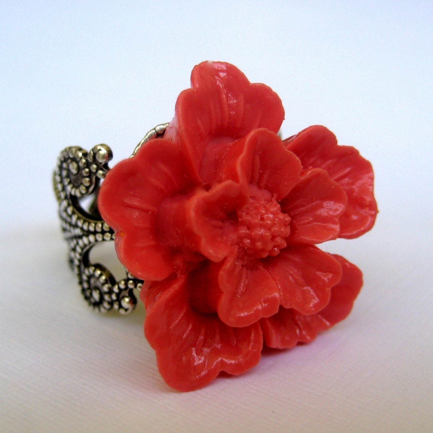Cherry Blossom In Coral Antique Silver Adjustable Ring