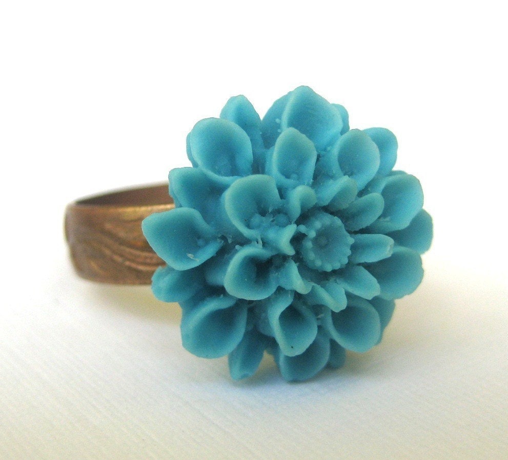 Simply Petite Teal Chrysanthemum Adjustable Ring