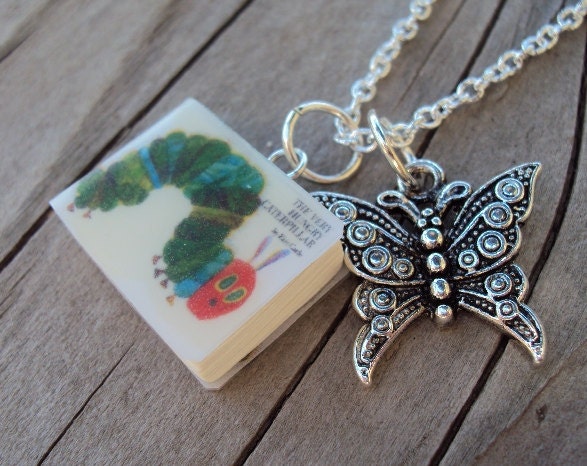 HungryCaterpillar Necklace with Book Charm and Metal Butterfly Charm