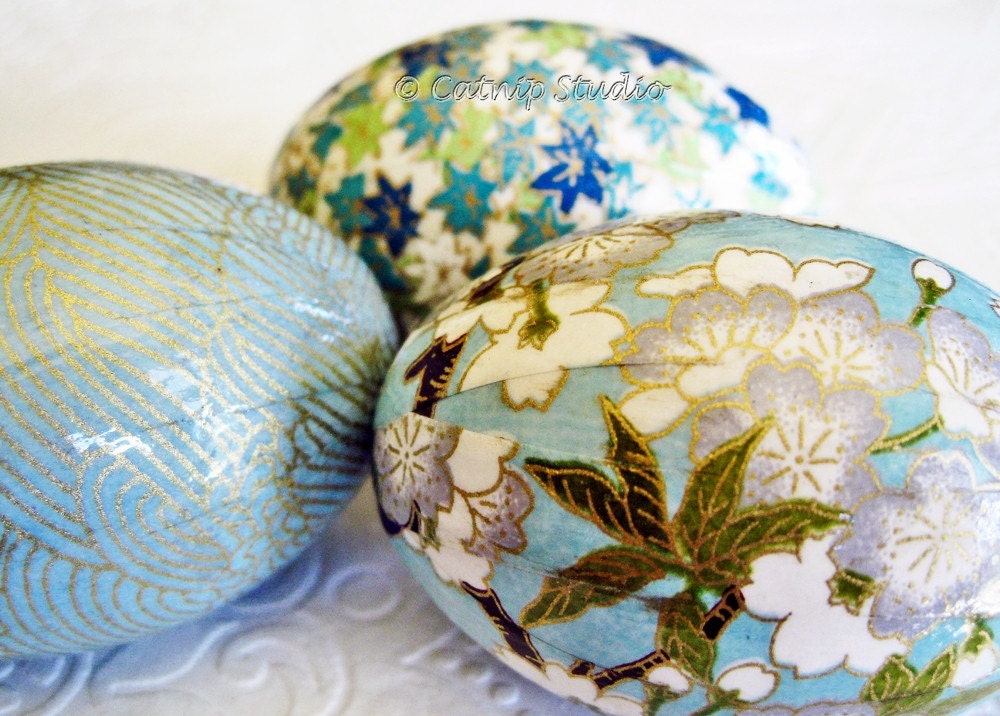 Lagoon Blue Origami Decoupage Easter Eggs teal floral gold