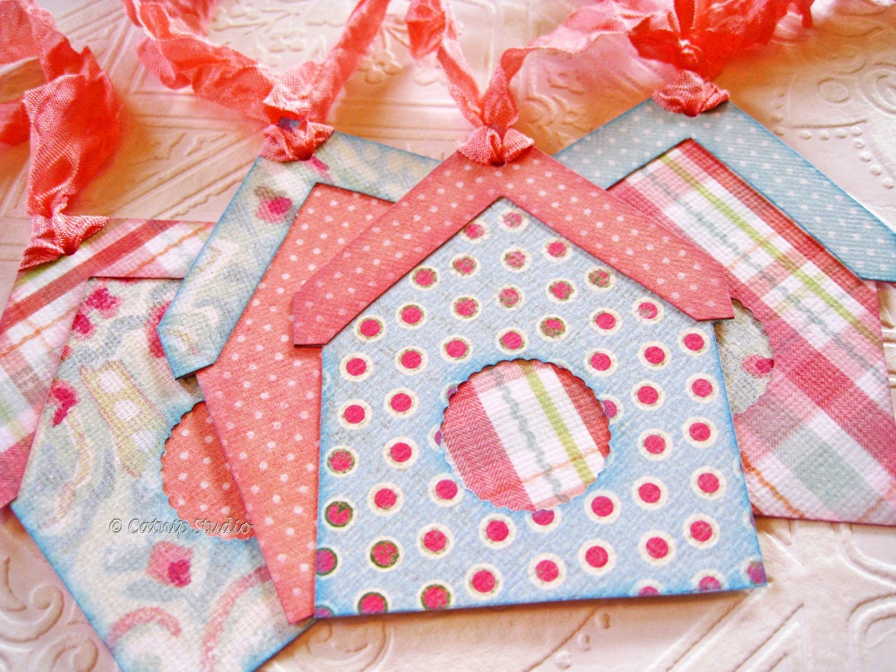 Cottage Birdhouse Tags pink aqua blue polka dots paisley pastel