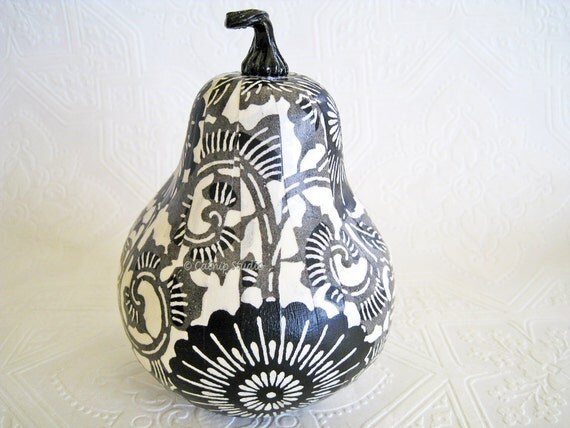 Squash Ornament, Halloween Ornament, decoupage ornament, black and white, scrolls mums fall autumn thanksgiving