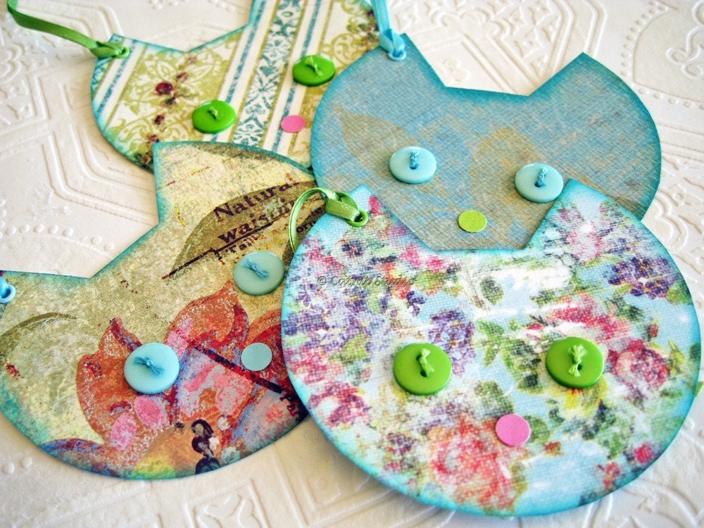 Monet Cat Gift Tags aqua green pink cream floral