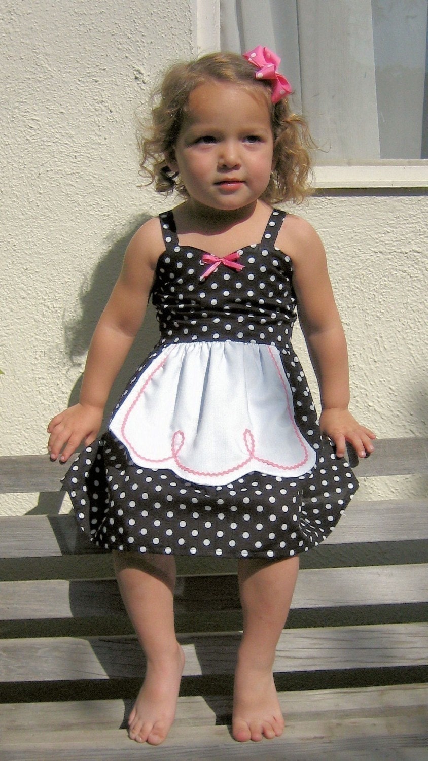 Retro Polka Dot apron dress with Hot Pink trim very ROCKABILLY I Love Lucy girls toddler infant fifties style dress 50s