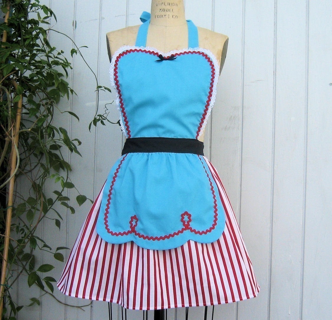 FIFTIES Diner Waitress ..RETRO turq red stripes womens full apron  50s ice cream parlor sexy hostess bridal shower gift  vintage inspired