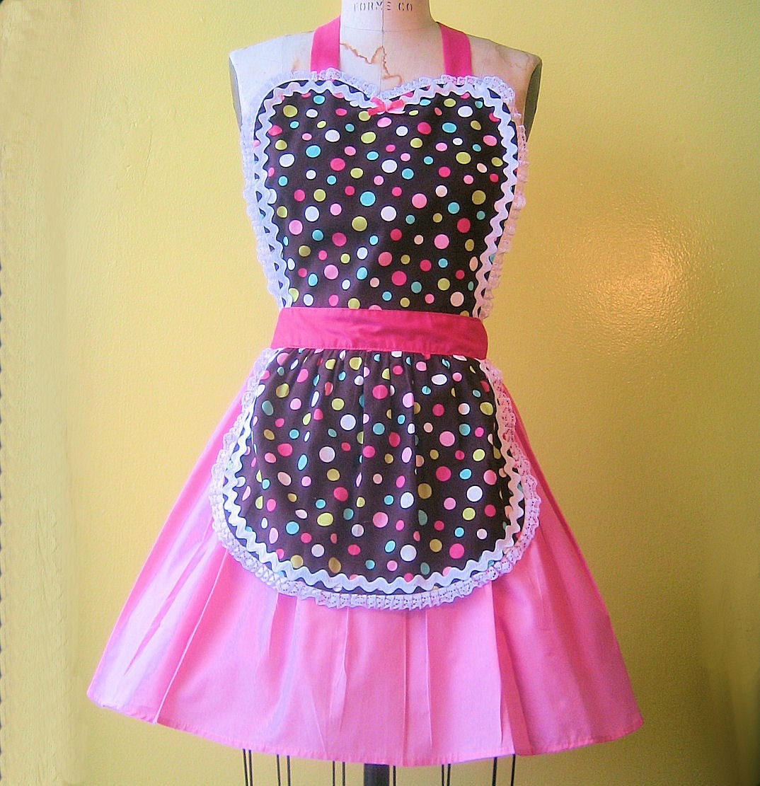 CUPCAKE Multi DOT ...... Retro Brown and pink APRON make a sexy hostess gift and is vintage inspired flirty womens full apron