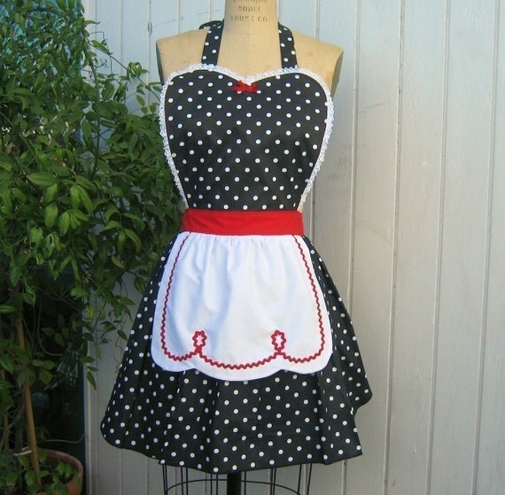 LUCY ... RETRO 50s apron red black polka dot apron fifties sexy hostess bridal shower gift and is vintage inspired womens full apron