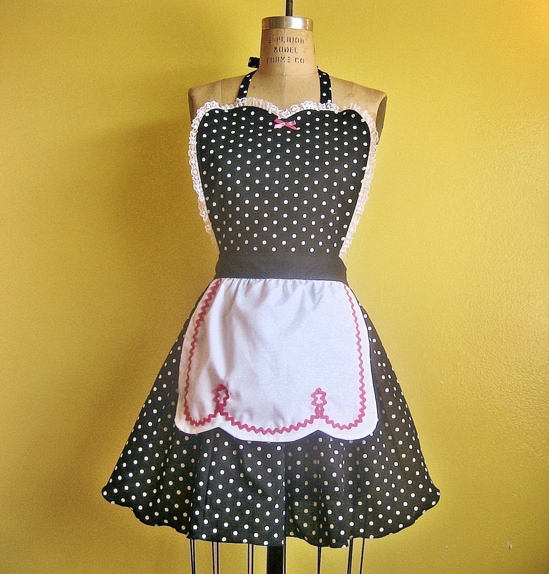 BLACK POLKA DOT APRON with fifties ric rac details make a sexy hostess and is vintage inspired full apron