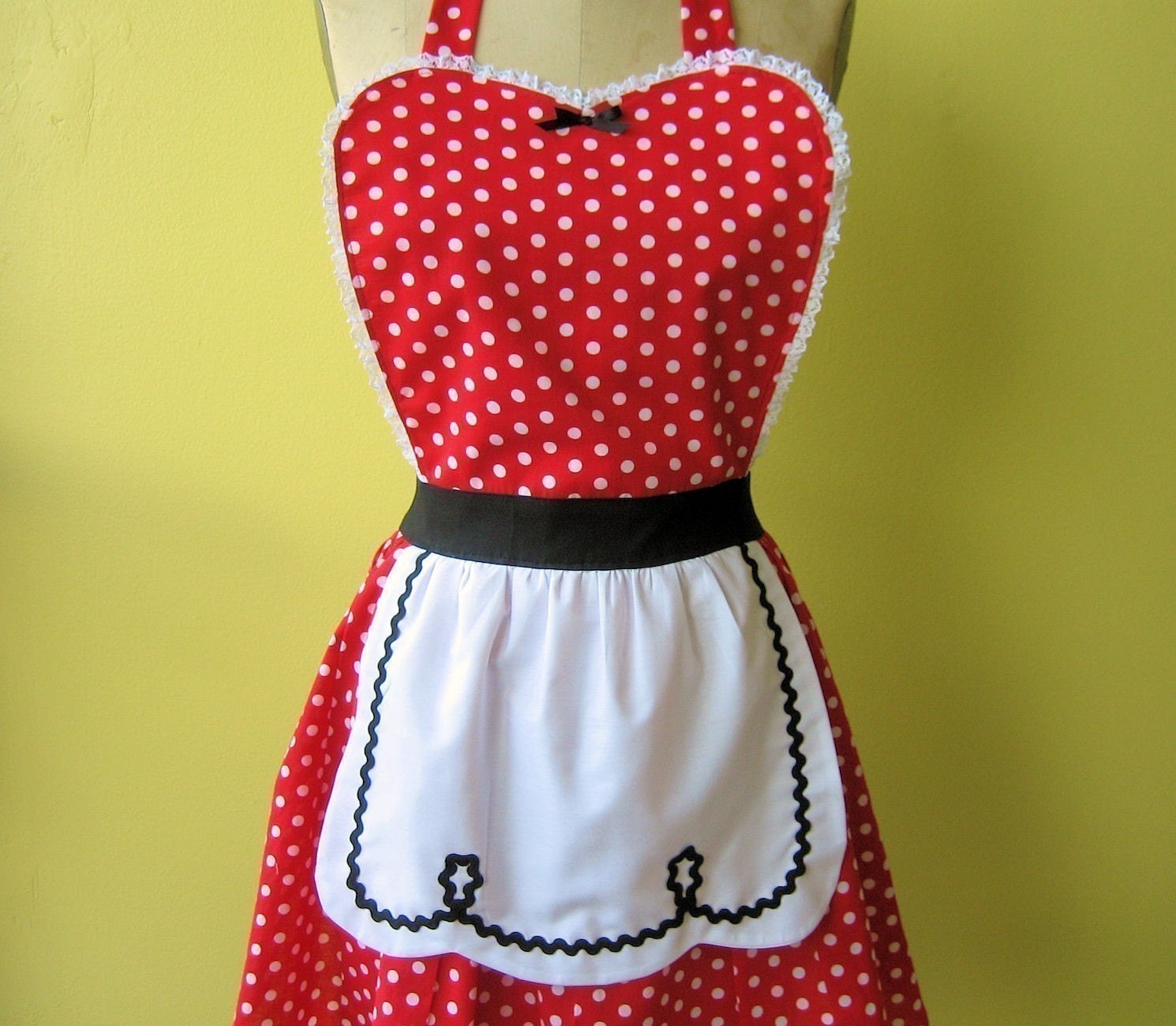 retro apron I LOVE LUCY .... fifties red polka dot apron black sexy hostess gift and is vintage 50s inspired womens full apron