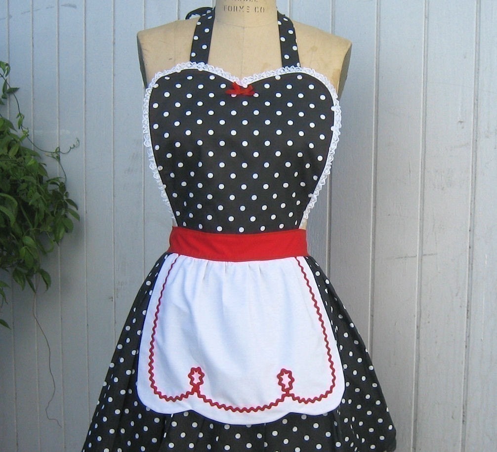 apron retro apron black and white polka dot womens full apron