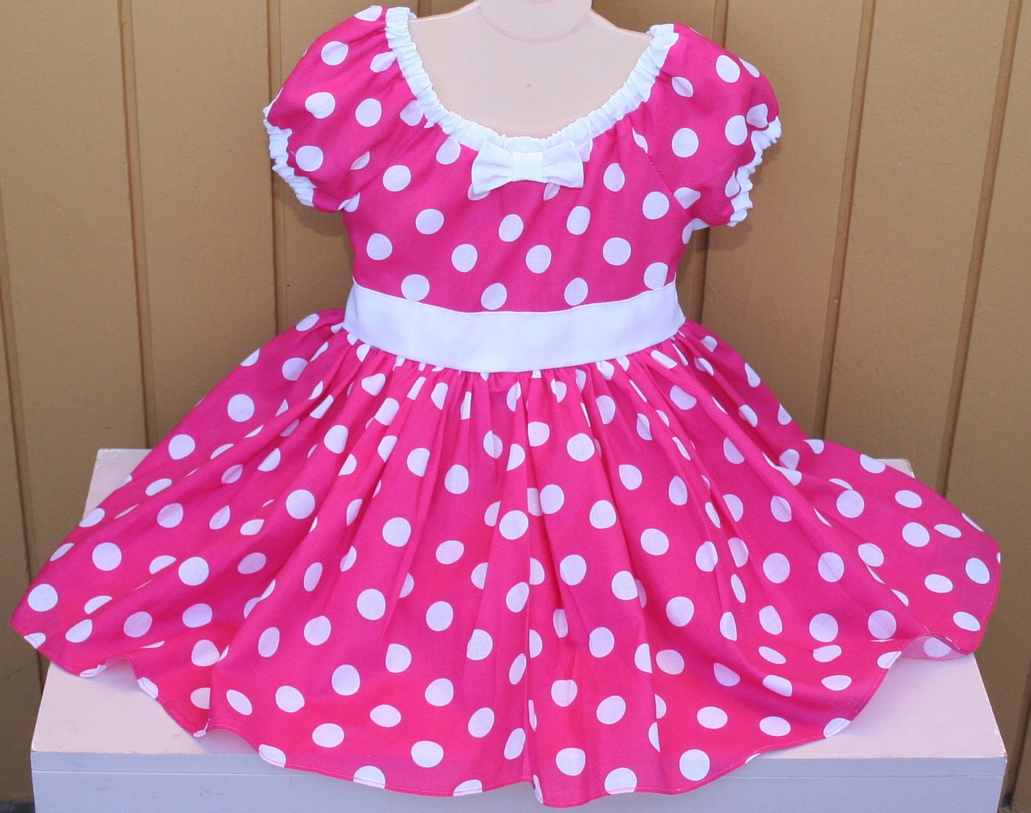 MINNIE MOUSE dress Party Dress in Hot pink Polka Dots super twirly peasant dress costume Birthday party
