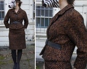 Vintage 60s Piece Brown and Black Chic Fuzzy Tweed Belted Suit with Stylish Jacket and Pencil Skirt, Tailored by Gaynes - sz M