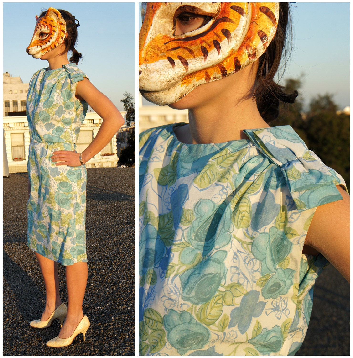 Vintage 60s Pastel Floral Wiggle Dress with Bow and Removable Button-up Tank 2 Piece Suit - sz S