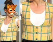 60s Yellow and Blue Plaid Wool Vest - sz S/M