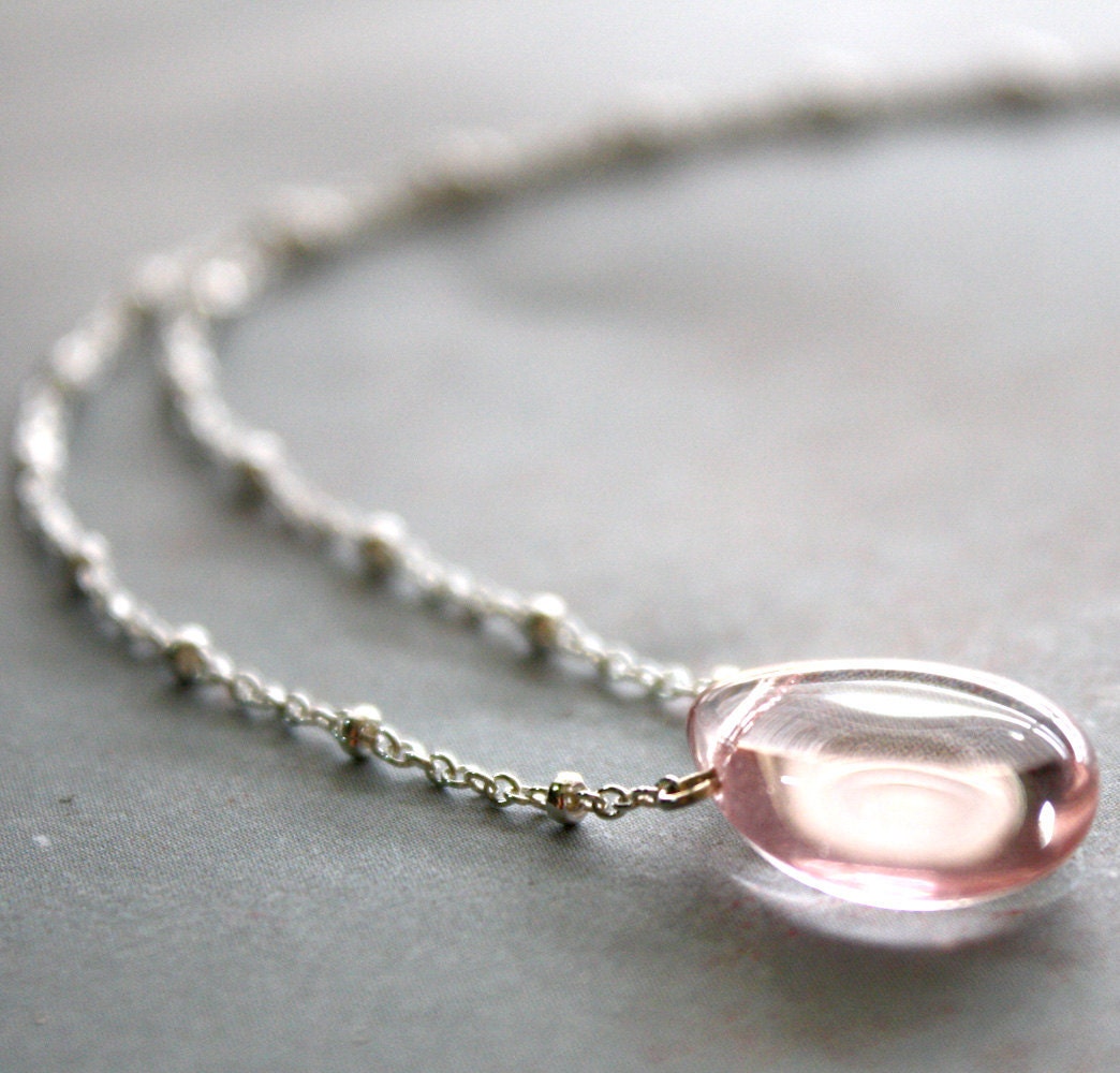 Pale Pink Glass Drop and Sterling Silver Necklace