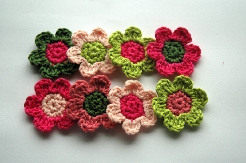 Crochet Flowers in Pinks and Green