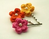Crochet Flowers Bobby Pins in Yellow, Candy Pink and Tangerine