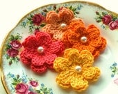 Crochet Flowers in Yellow, Tangerine with Pearl