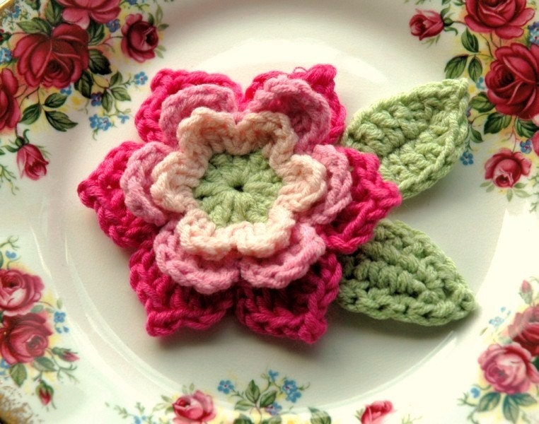 Crochet Flower in Pink and Green Bamboo yarn