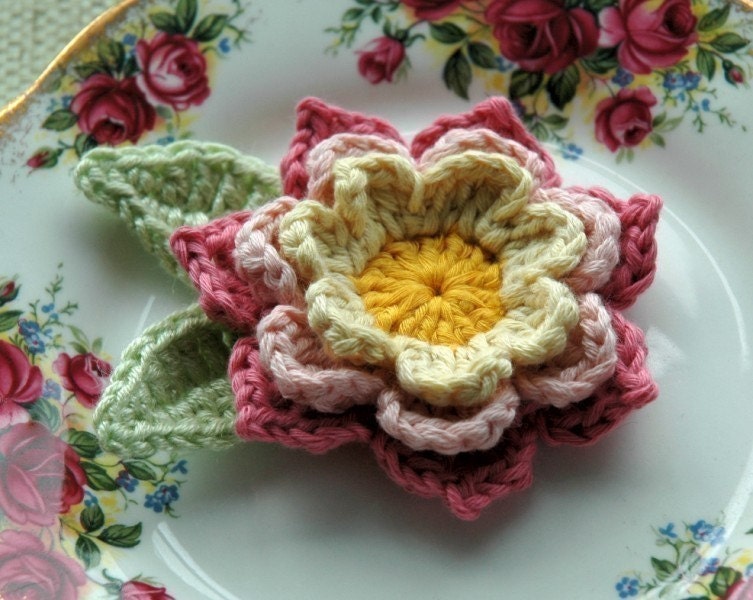 Organic Cotton Crochet Flower in Pink and Yellow