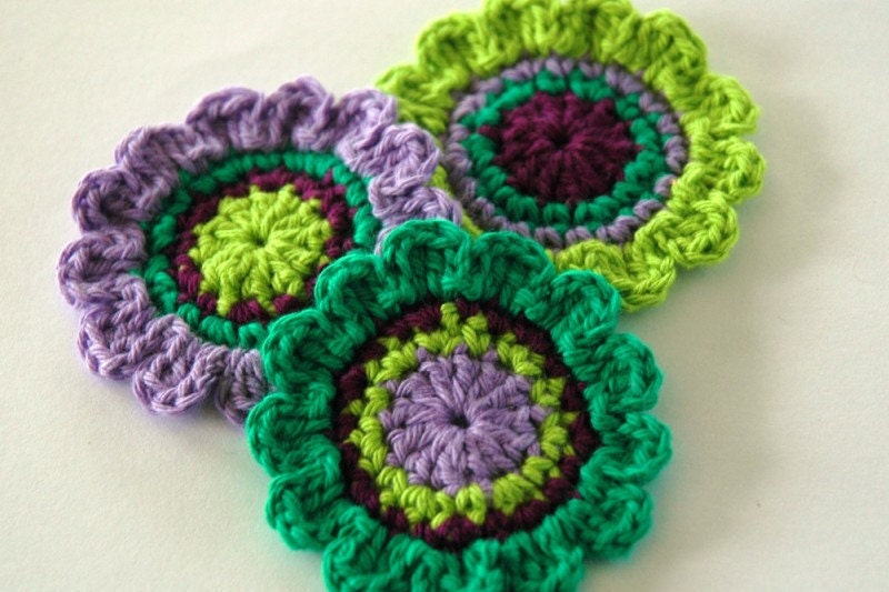 Crochet Applique Motifs in Purple and Green