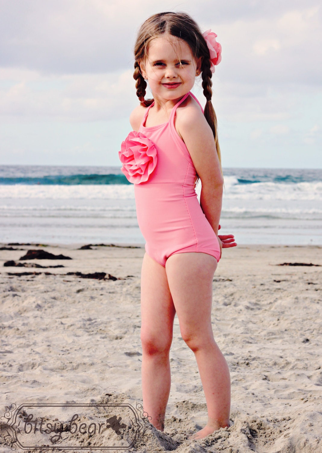 Coral Pink Halter Swimsuit for toddler and girl- READY TO SHIP