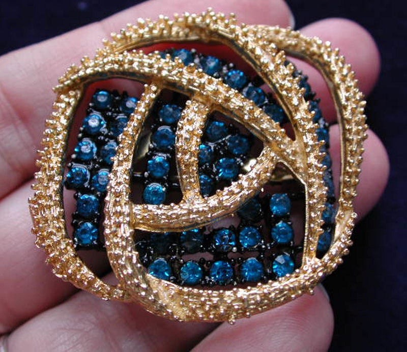 50s Blue Rhinestone Brooch Abstract MCM Pin Gorgeous - MorningGlorious