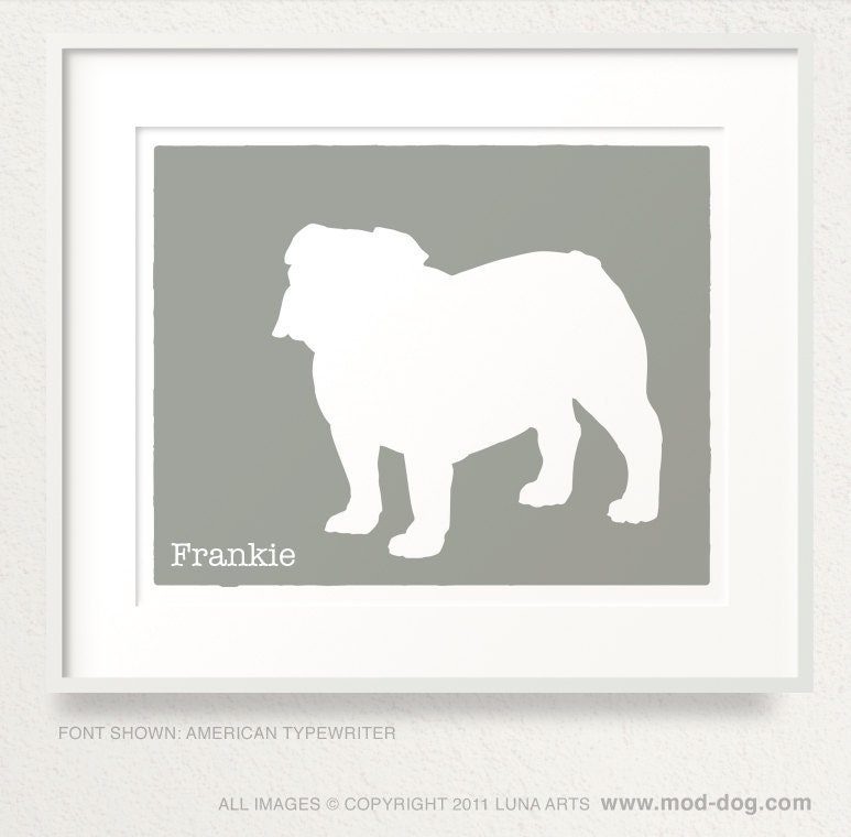 Mod English Bulldog Dog Personalized Silhouette Art Print with Custom Name - 8x10