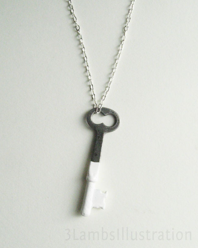 White Dipped Silver Skeleton Key No. 1 Vintage Modern Necklace