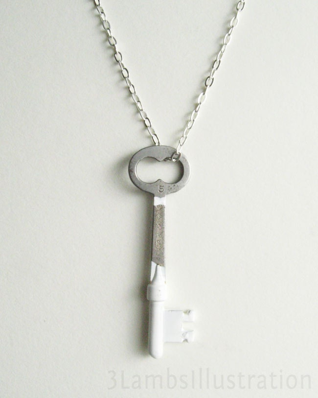 White Dipped Silver Skeleton Key No. 2 Vintage Modern Necklace