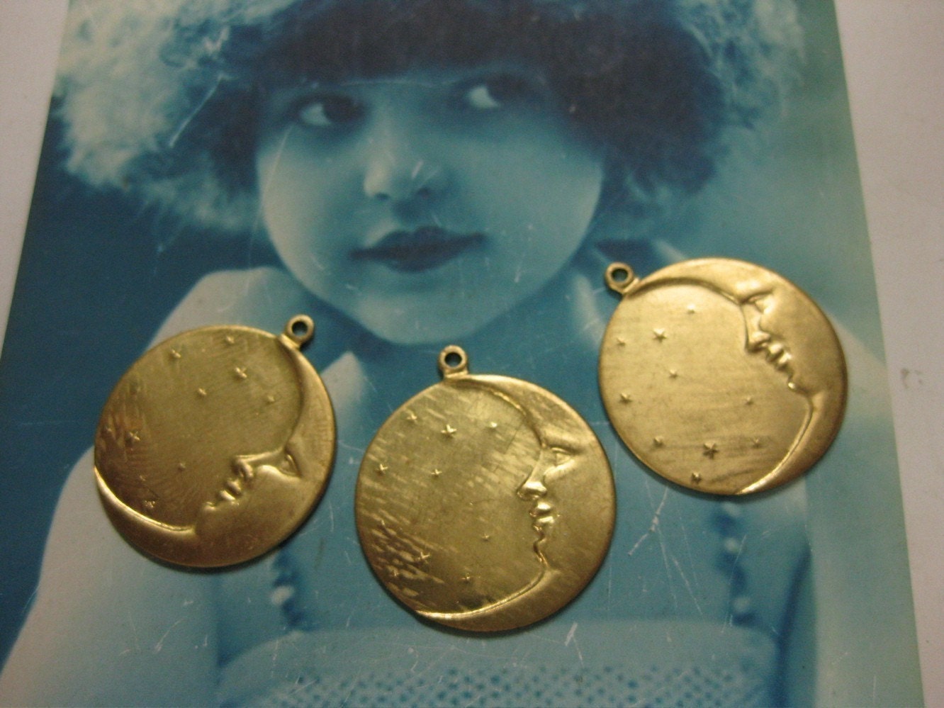 Celestial Brass  Moon and Star Charms pendants 135RAW x3