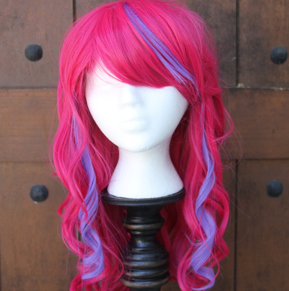 SALE // Electric Pink Wig with Neon Purple Streaks// Curvy Long Heatstyleable