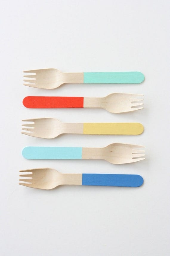Color Block Wooden Forks - set of 24