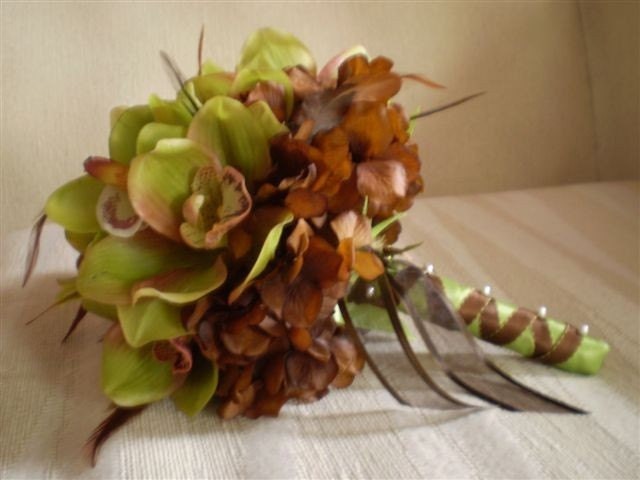 STUNNING Green Cymbidium Orchid Wedding Bouquet  Accented With Feathers