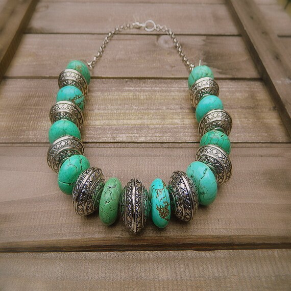 Navajo Warrior, Western Cowgirl Southwestern Turquoise & Tibetan Silver Stone Necklace