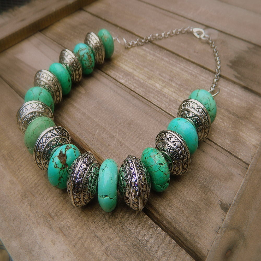 Navajo Warrior, Western Cowgirl Southwestern Turquoise & Tibetan Silver Stone Necklace