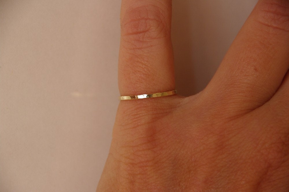 Rustic 14k solid yellow gold skinny hammered stacking ring