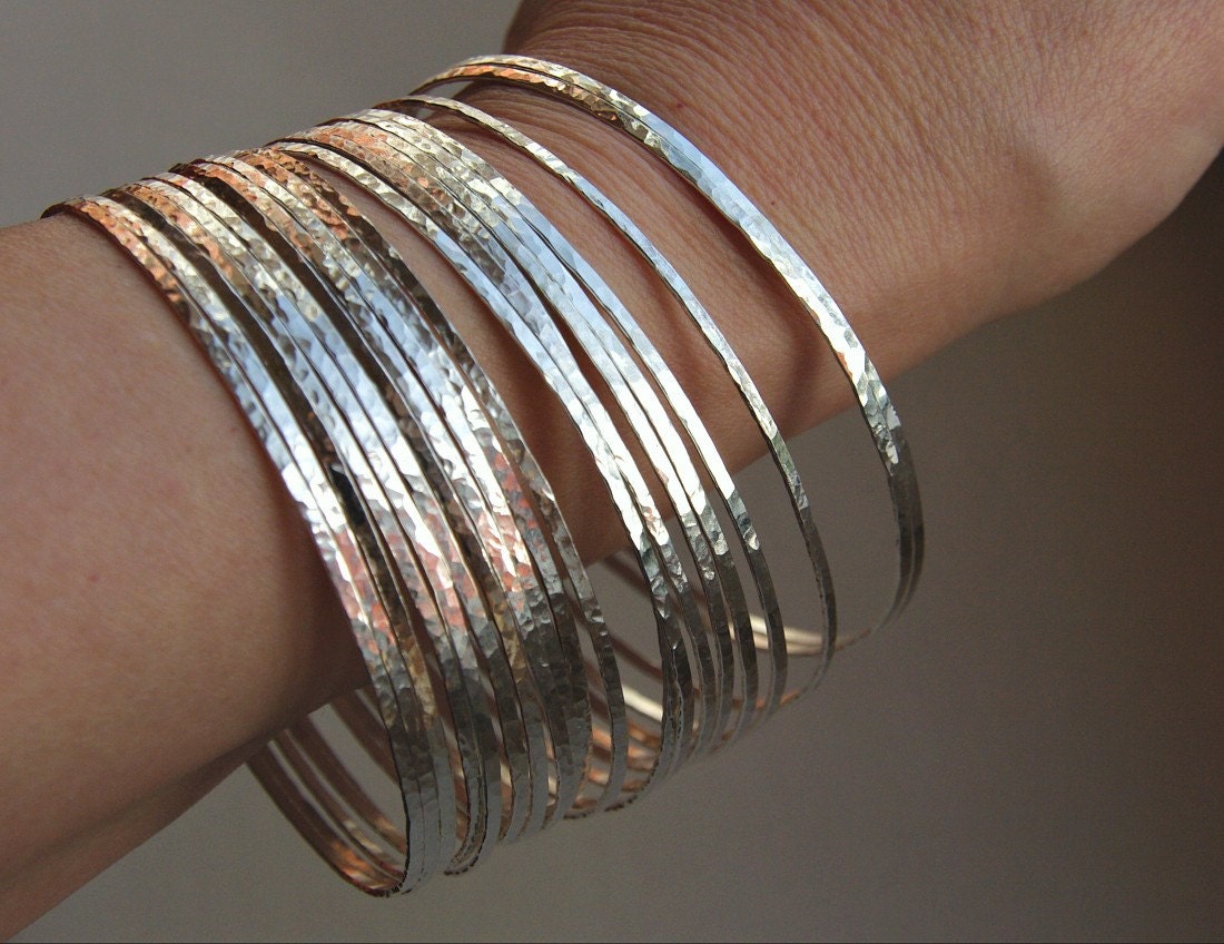 7 Thin Hammered Sterling Silver Stack Stacking Bangles /  Stack Bracelets