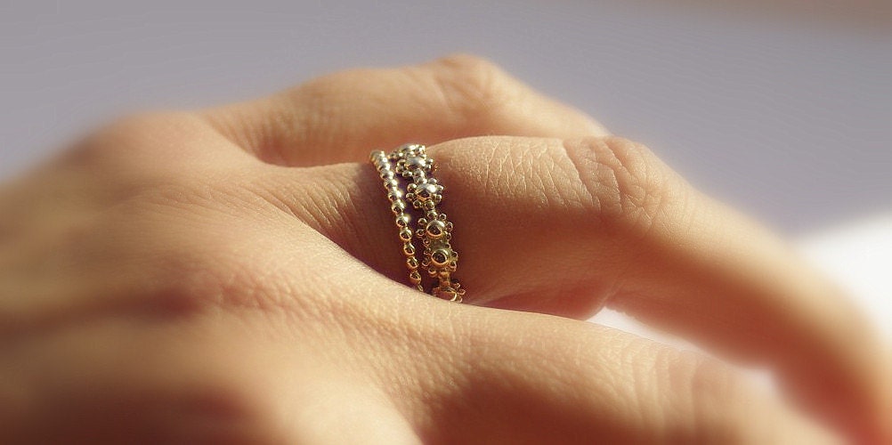 Gold Filled daisy chain stackable wedding ring & gold dotted band,  gold engagement ring, flower girl gold ring, handmade engagement
