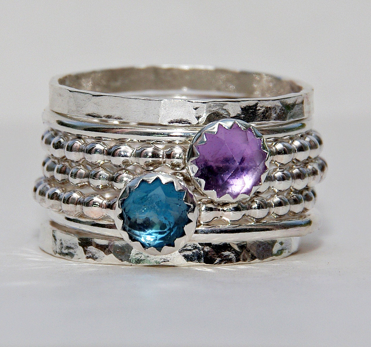 Birthstone Rings Set Rose Cut London Blue Topaz  Amethyst February Birthstone Ring, Stackable Ring, Sterling Silver Ring, Mothers Stack Ring