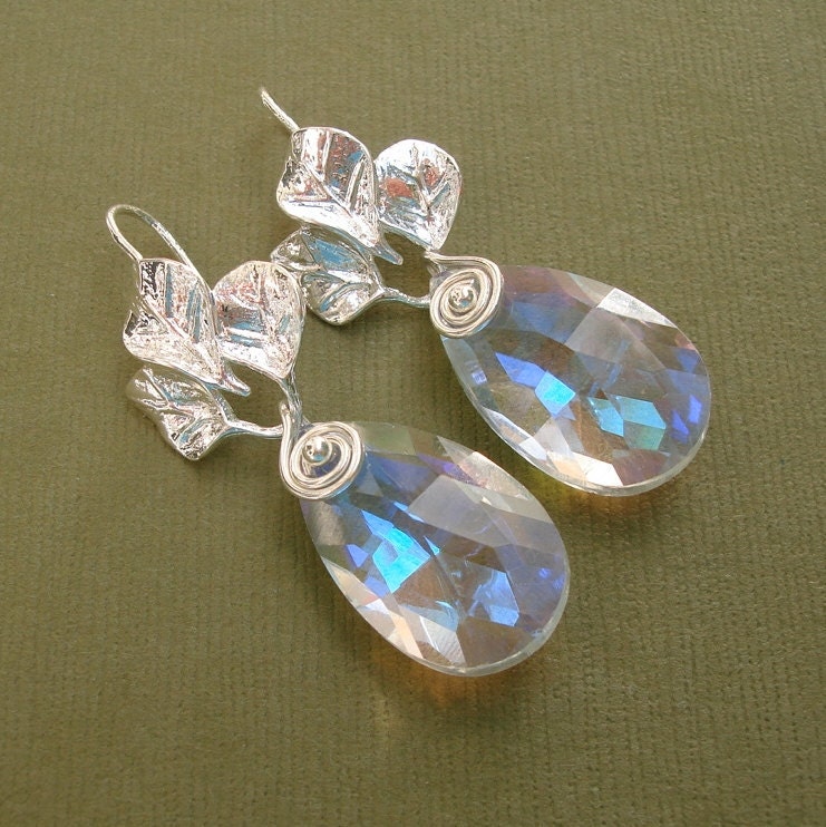 SALE-Silver Three Leaves And AB Coated Clear Crystal Teardrop Earrings.
