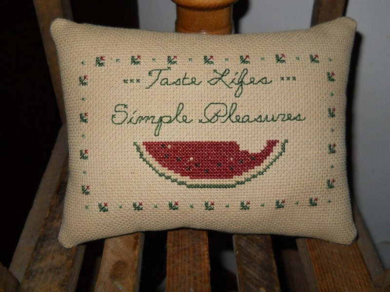 Finished Cross Stitch Simple Pleasures Shelf Pillow